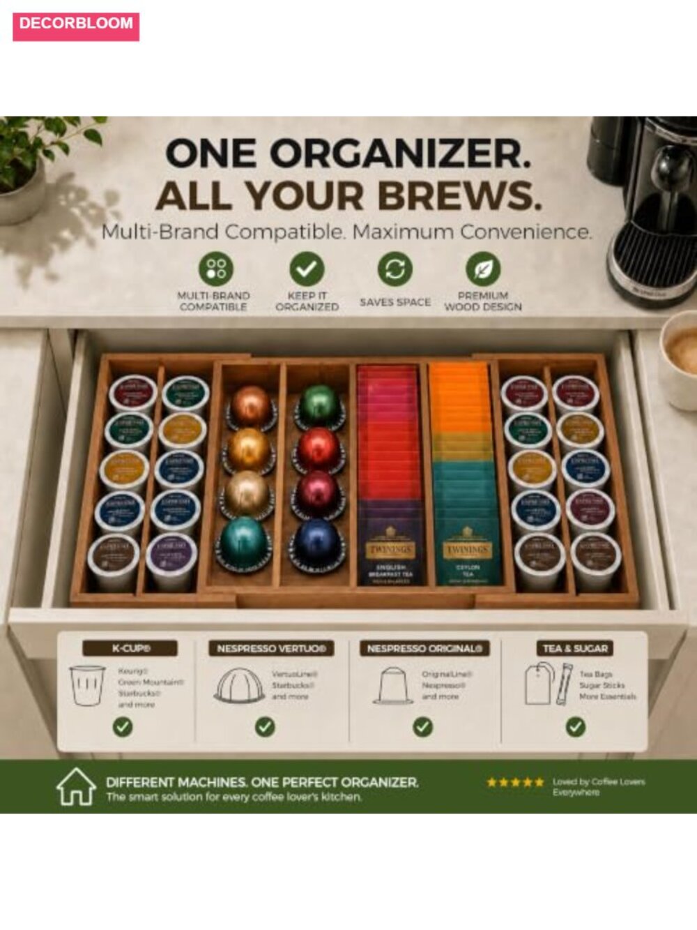 Expandable Acacia Wood Coffee Pod Drawer Organizer Adjustable Dividers - Picture 3 of 6